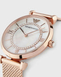 Emporio Armani Gianni T Bar Mother of Pearl Dial Rose Gold Mesh Bracelet Watch For Women - AR11320