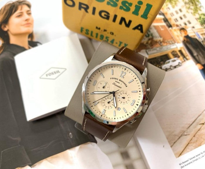 Fossil Forrester Chronograph White Dial Brown Leather Strap Watch for Men - FS5696
