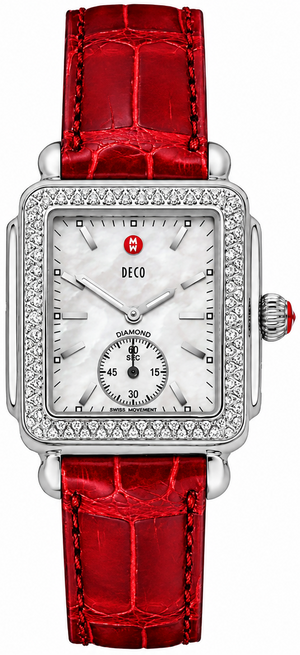 Michele Deco Silver Dial Red Leather Strap Watch For Women - MWW06V000007