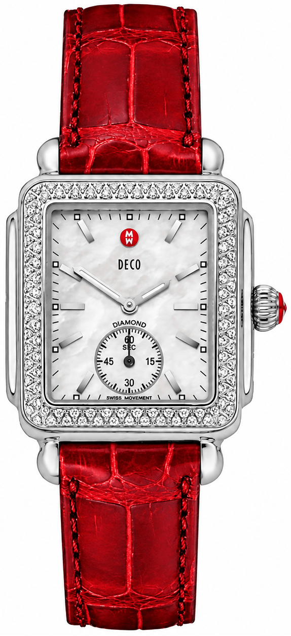 Michele Deco Mother of Pearl Dial Red Leather Strap Watch For Women - MWW06V000007