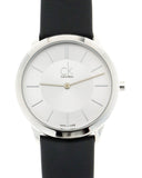 Calvin Klein Minimal Silver Dial Black Leather Strap Watch for Women - K3M221C6