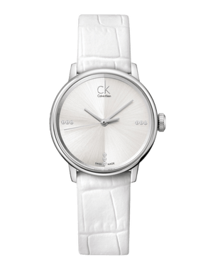 Calvin Klein Accent Silver Dial White Leather Strap Watch for Women - K2Y2Y1KW