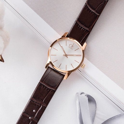 Calvin Klein City White & Gold Dial Brown Leather Strap Watch For Women - K2G23620