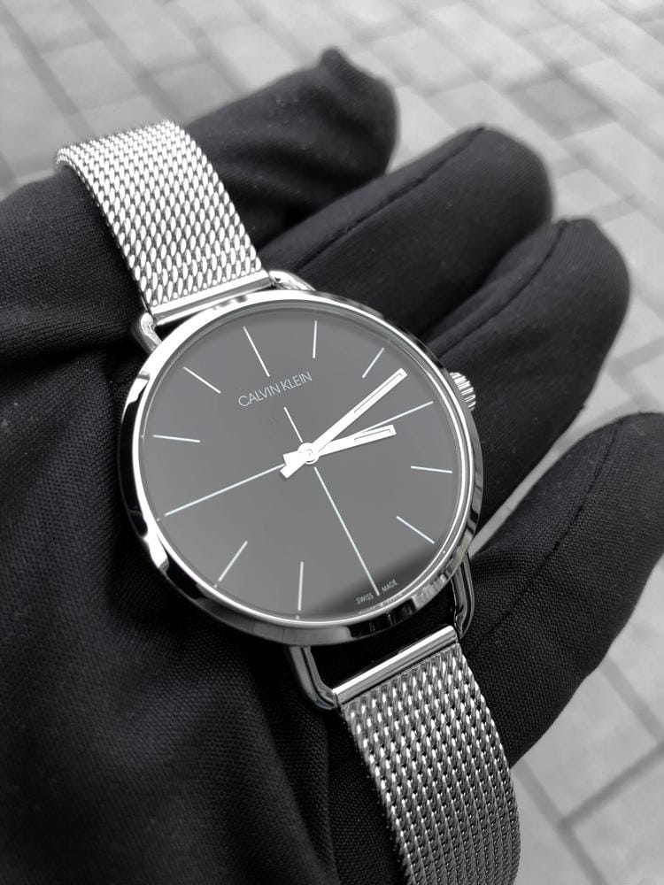 Calvin Klein Even Black Dial Silver Mesh Bracelet Watch for Women - K7B21121