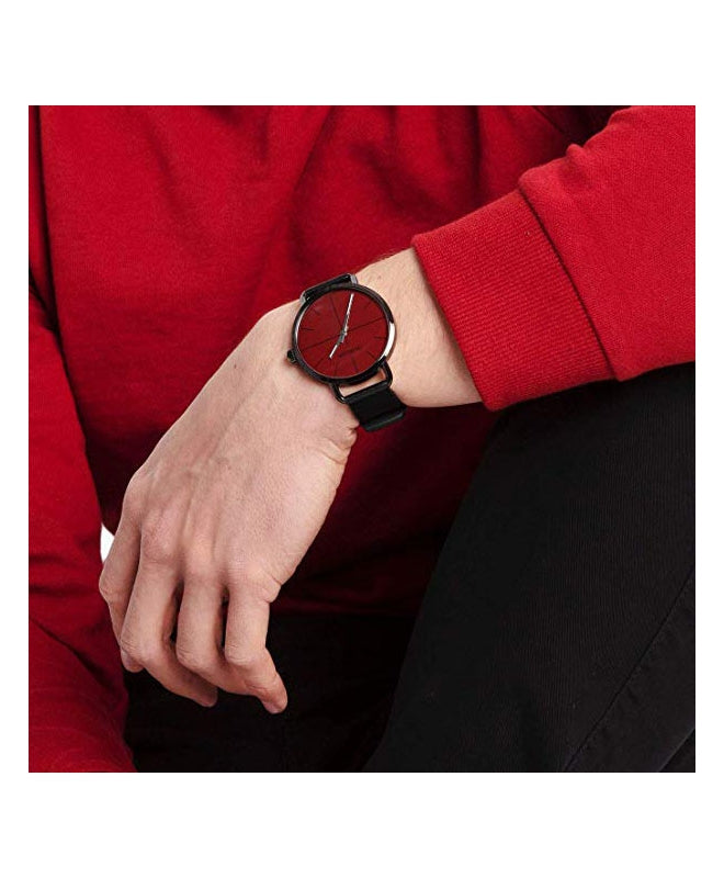 Calvin Klein Even Maroon Dial Black Leather Strap Watch for Men - K7B214CP