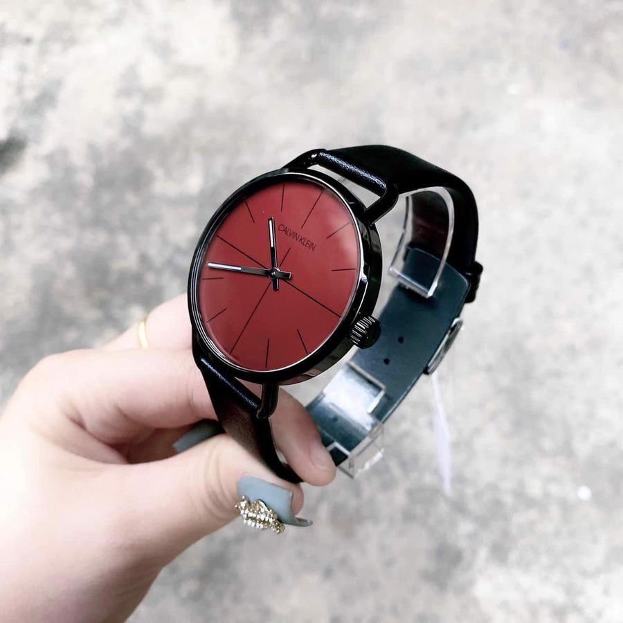 Calvin Klein Even Maroon Dial Black Leather Strap Watch for Men - K7B214CP