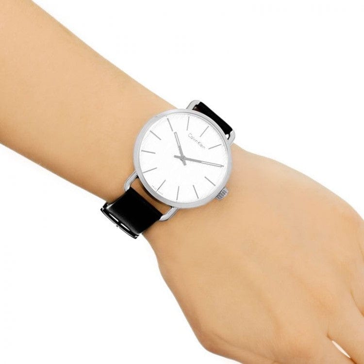 Calvin Klein Even Silver Dial Black Leather Strap Watch for Men - K7B211CY