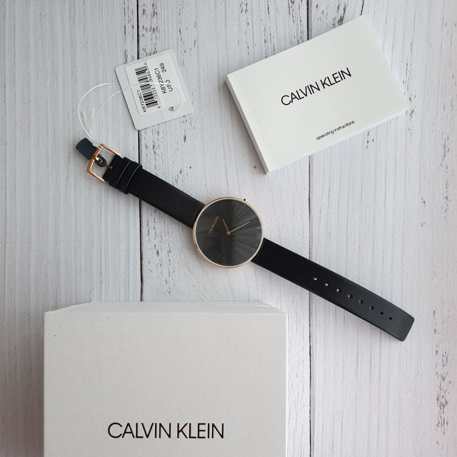 Calvin Klein Full Moon Black Dial Black Leather Strap Watch for Women - K8Y236C1