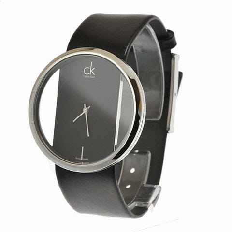 Calvin Klein Glam Transparent Dial Black Leather Strap Watch for Women - K9423107