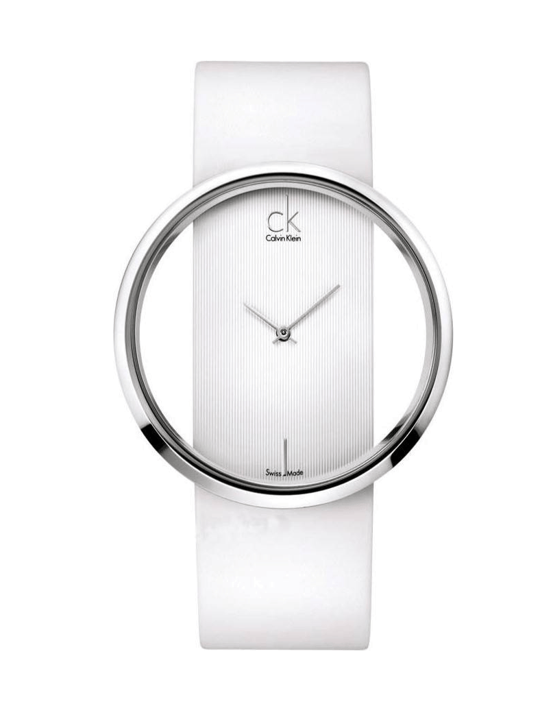 Calvin Klein Glam Transparent Dial White Leather Strap Watch for Women - K9423101