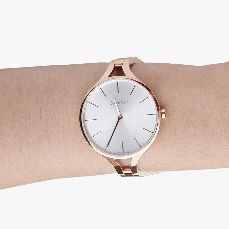 Calvin Klein Graphic Silver Dial Rose Gold Steel Strap Watch for Women - K7E23646