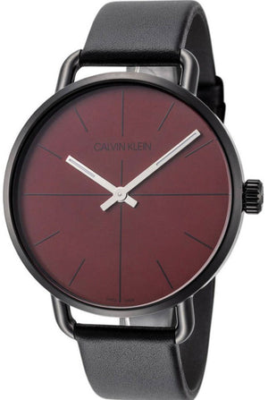 Calvin Klein Even Maroon Dial Black Leather Strap Watch for Men - K7B214CP