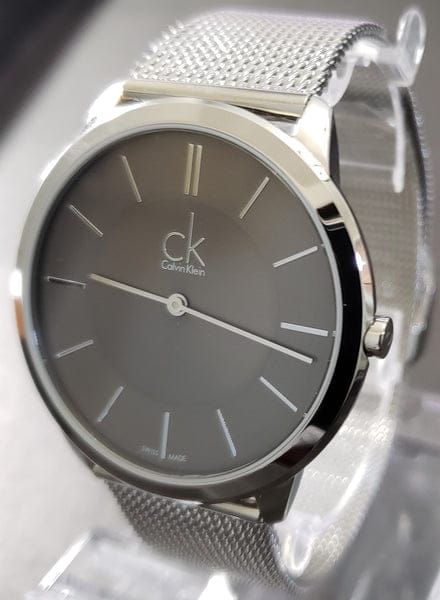 Calvin Klein Minimal Grey Dial Silver Mesh Bracelet Watch for Men - K3M21124