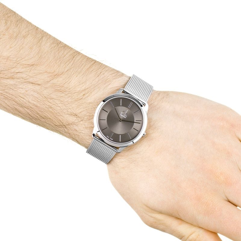 Calvin Klein Minimal Grey Dial Silver Mesh Bracelet Watch for Men - K3M21124