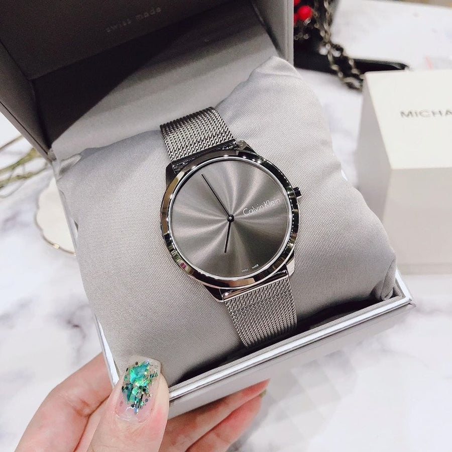 Calvin Klein Minimal Grey Dial Silver Mesh Bracelet Watch for Men - K3M211Y3