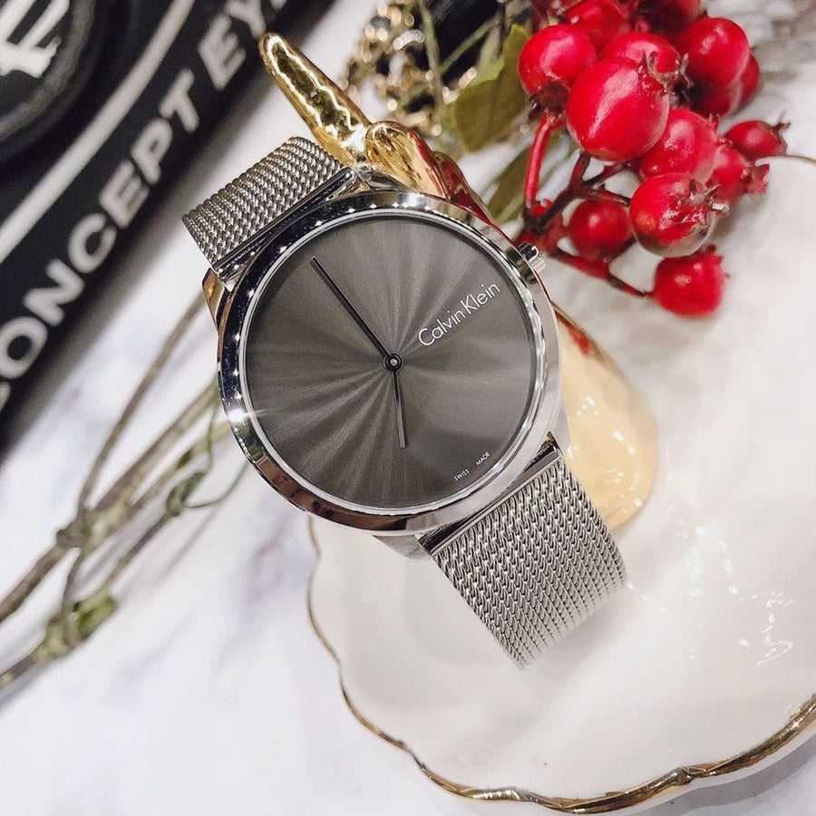 Calvin Klein Minimal Grey Dial Silver Mesh Bracelet Watch for Men - K3M211Y3