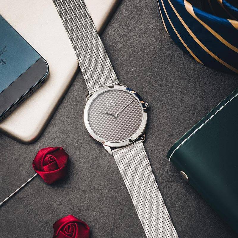 Calvin Klein Minimal Grey Dial Silver Mesh Bracelet Watch for Women - K3M2212X