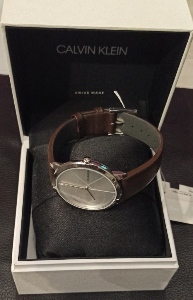 Calvin Klein Minimal Silver Dial Brown Leather Strap Watch for Men - K3M211G6