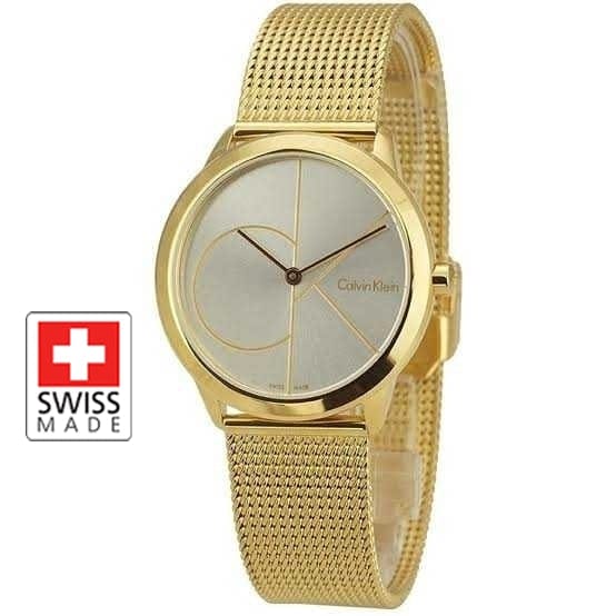 Calvin Klein Minimal Silver Dial Gold Mesh Bracelet Watch for Women - K3M22526