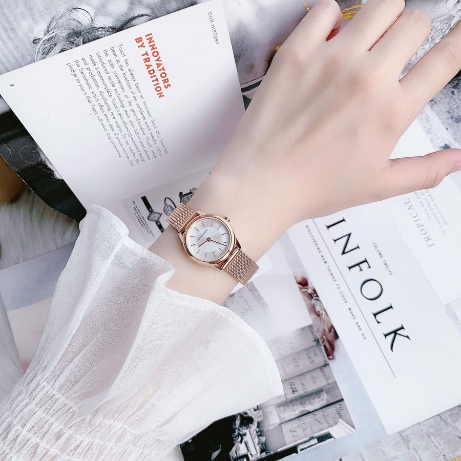 Calvin Klein Minimal White Dial Rose Gold Mesh Bracelet Watch for Women - K3M23626
