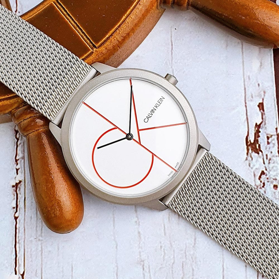 Calvin Klein Minimal White Dial Silver Mesh Bracelet Watch for Men - K3M51152