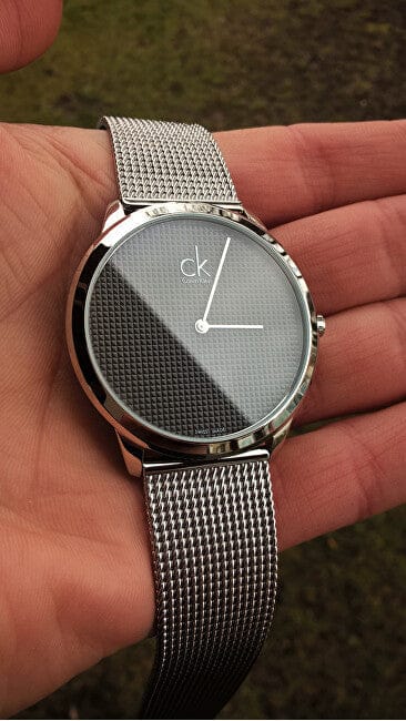 Calvin Klein Minimalist Black Dial Silver Mesh Bracelet Watch for Men - K3M2112X