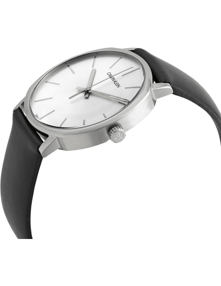 Calvin Klein Posh Silver Dial Black Leather Strap Watch for Men - K8Q311C6