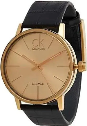 Calvin Klein Post Minimal Gold  Dial Black Leather Strap Watch For Men - K7621501