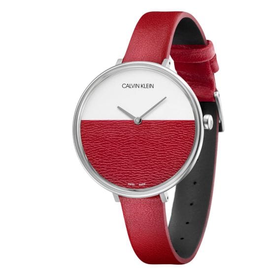 Calvin Klein Rise Yellow Red Dial Red Leather Strap Watch for Women - K7A231UP