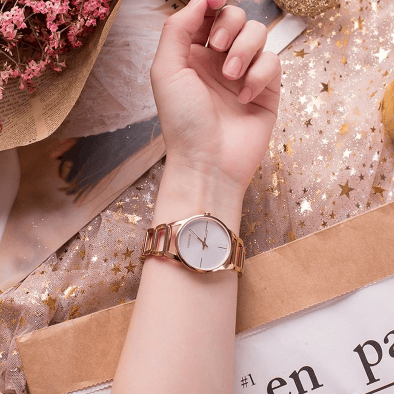 Calvin Klein Stately Silver Dial Gold Steel Strap Watch for Women - K3G23526