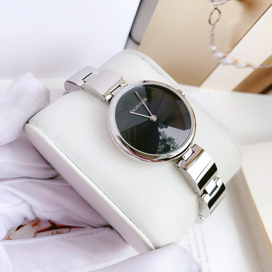 Calvin Klein Wavy Black Dial Silver Steel Strap Watch for Women - K9U23141