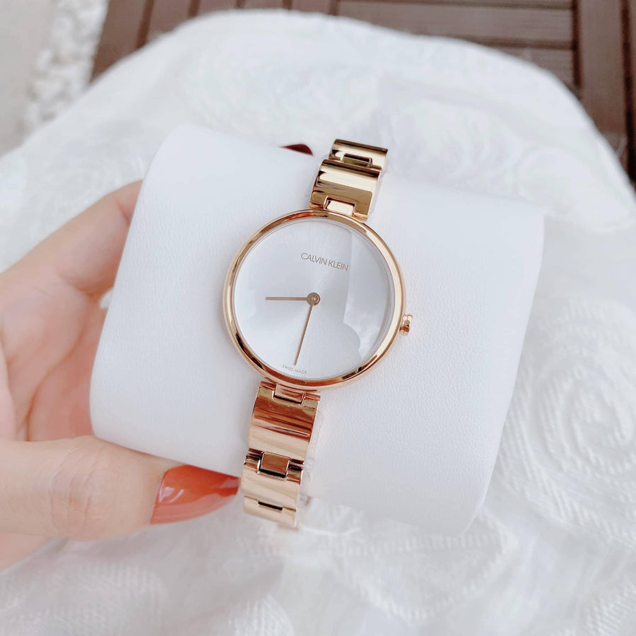 Calvin Klein Wavy White Dial Rose Gold Steel Strap Watch for Women - K9U23646