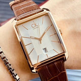 Calvin Klein Window Silver Dial Brown Leather Strap Watch for Men - K2M21126