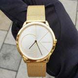 Calvin Klein Minimal White Dial Gold Mesh Bracelet Watch for Men - K3M21526