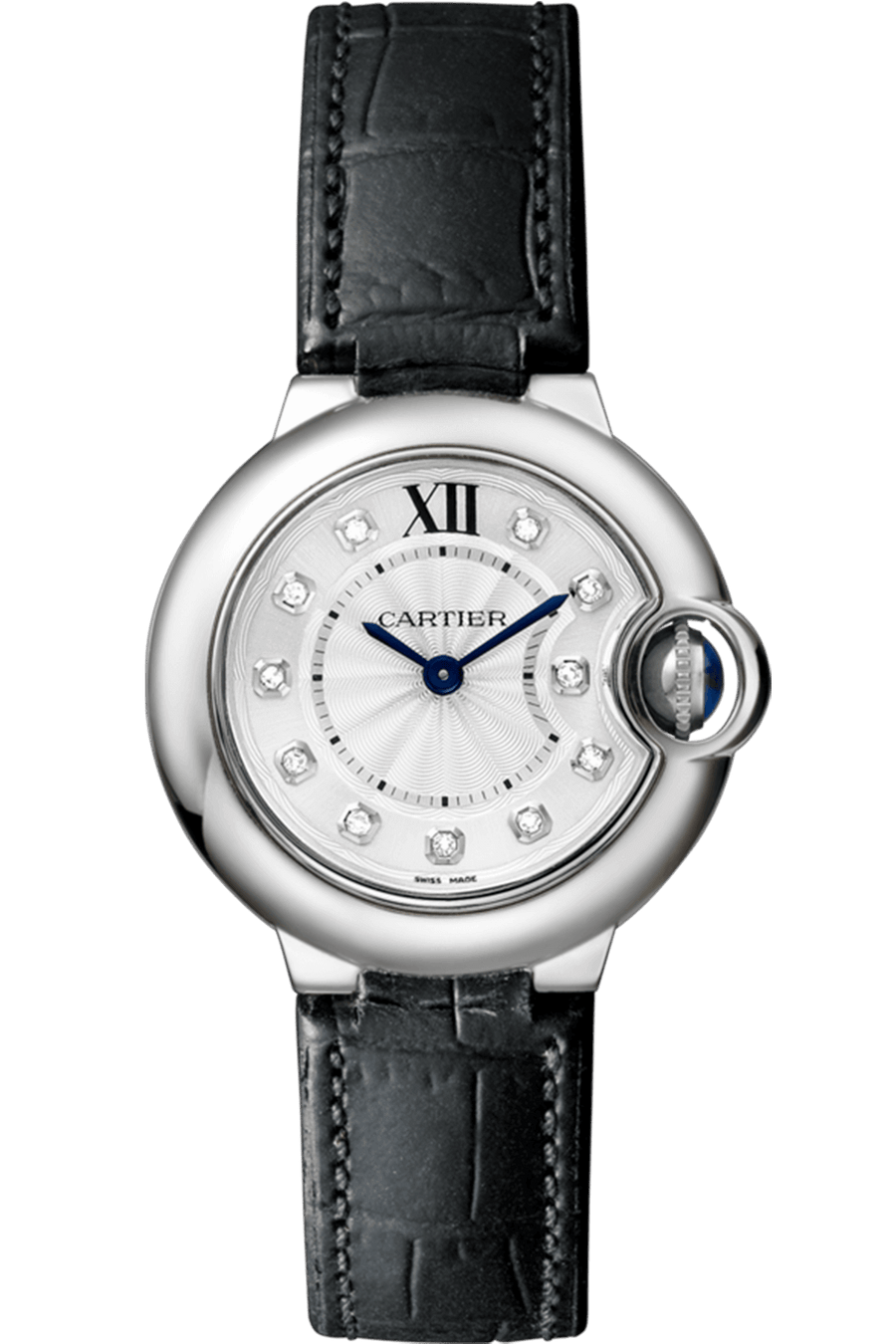 Cartier Ballon Bleu de Cartier Diamonds Silver Dial Black Leather Strap Watch for Women - W4BB0008