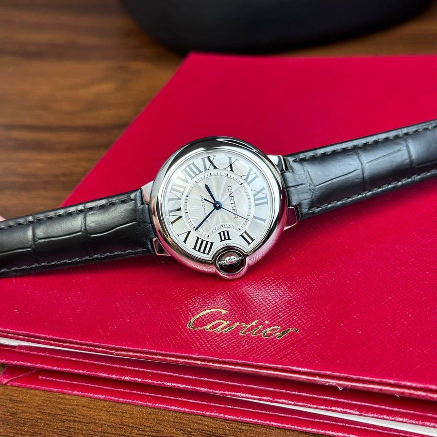 Cartier Ballon Bleu De Cartier Silver Dial Black Leather Strap Watch for Women - WSBB0030