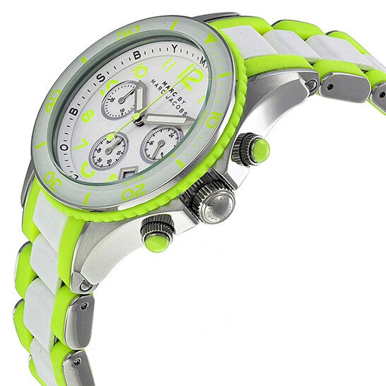Marc Jacobs Rock Chronograph White Dial White & Green Silicone Strap Watch for Women - MBM2592