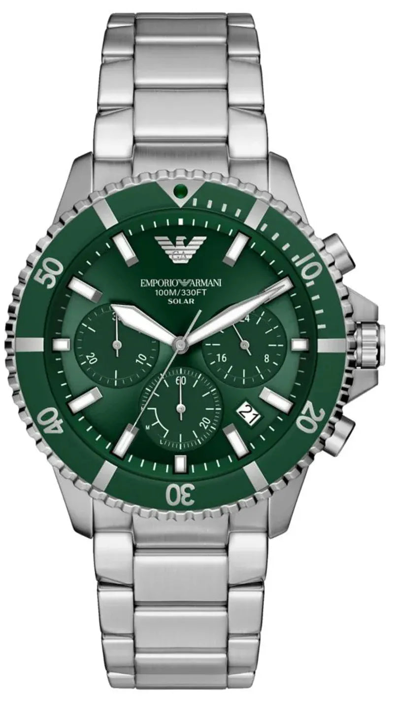 Emporio Armani World Explorer Solar Chronograph Green Dial Silver Steel Strap Watch for Men - AR11741