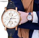 Fossil Original Boyfriend Chronograph White Dial Navy Blue Leather Strap Watch for Women - ES3838