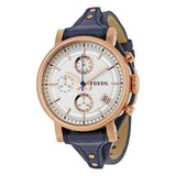 Fossil Original Boyfriend Chronograph White Dial Navy Blue Leather Strap Watch for Women - ES3838