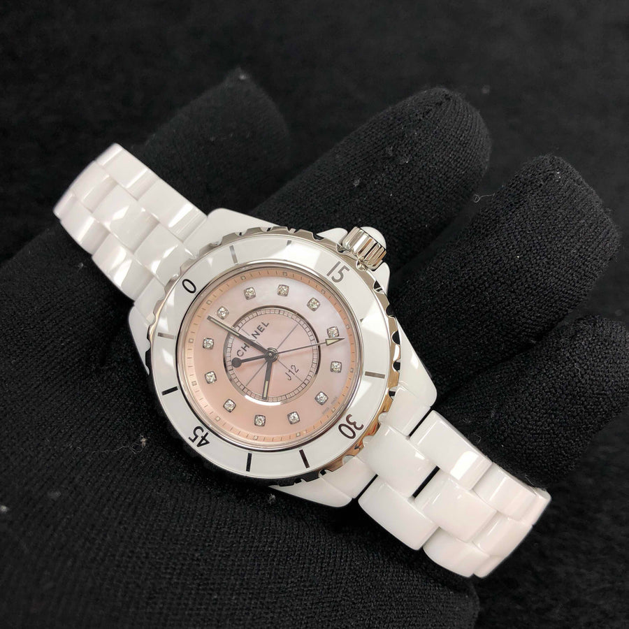 Chanel J12 Quartz Diamonds Pink Dial White Steel Strap Watch for Women - J12 H5513