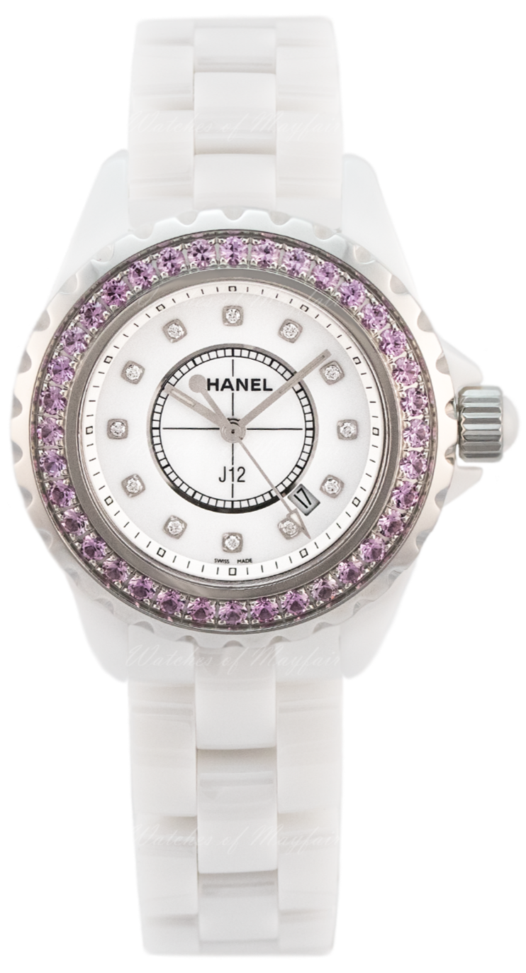 Chanel J12 Sapphire Bezel Ceramic White Dial White Steel Strap Watch for Women - J12 H2010