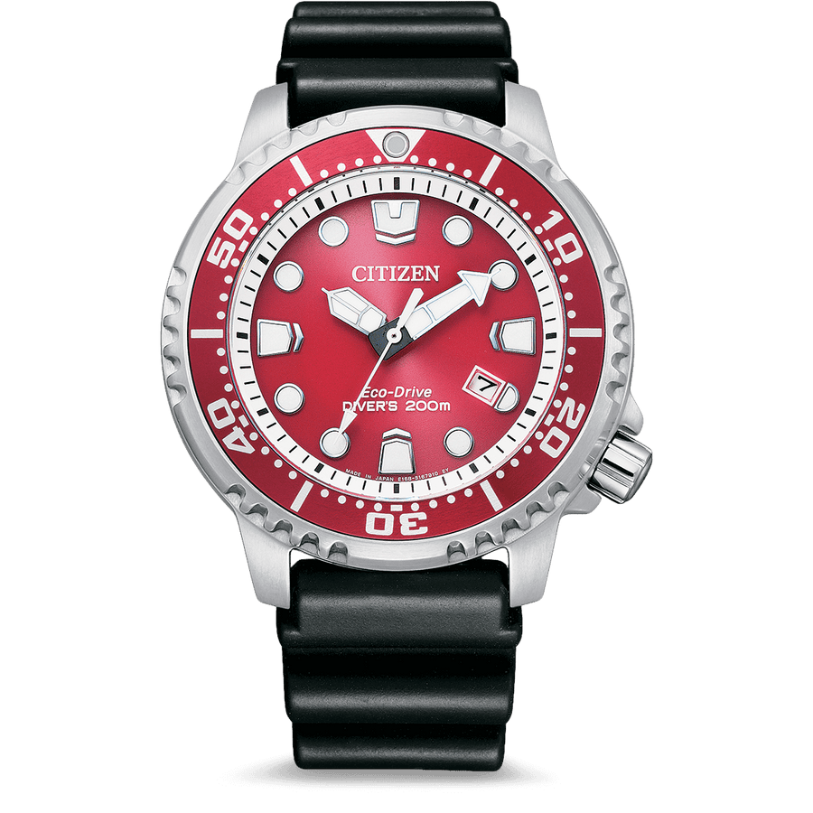 Citizen Eco Drive Promaster Marine Red Dial Black Rubber Strap Watch For Men - BN0159-15X