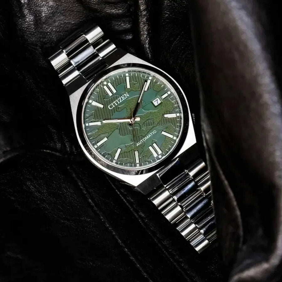 Citizen Tsuyosa Automatic Camouflage Green Dial Silver Steel Strap Watch For Men - NJ0159-86X