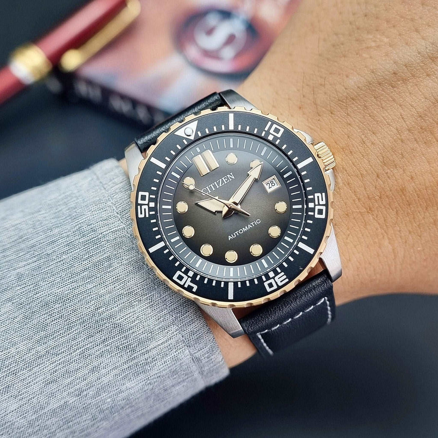 Citizen Mechanical Automatic Black Dial Black Leather Strap Watch for Men - NJ0176-10E