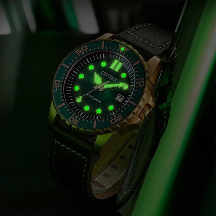 Citizen Mechanical Automatic Green Dial Brown Leather Strap Watch for Men - NJ0173-18X