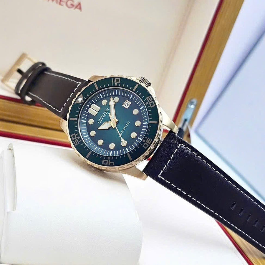 Citizen Mechanical Automatic Green Dial Brown Leather Strap Watch for Men - NJ0173-18X