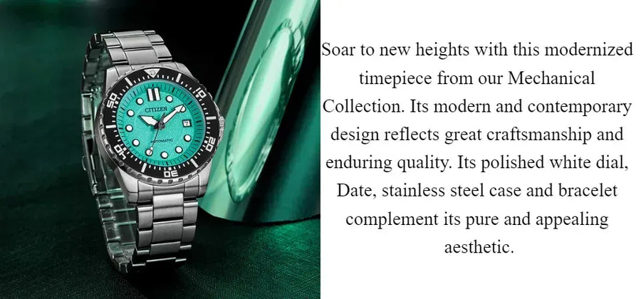 Citizen Mechanical Automatic Turquoise Dial Silver Steel Strap Watch for Men - NJ0170-83X