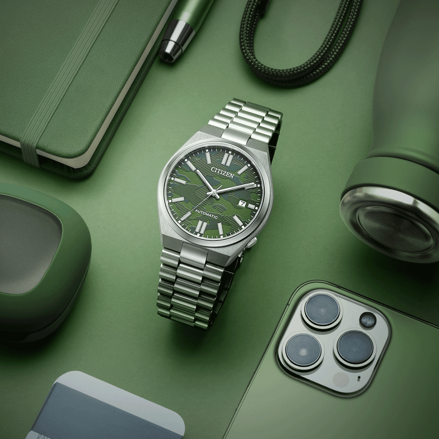 Citizen Tsuyosa Automatic Camouflage Green Dial Silver Steel Strap Watch For Men - NJ0159-86X