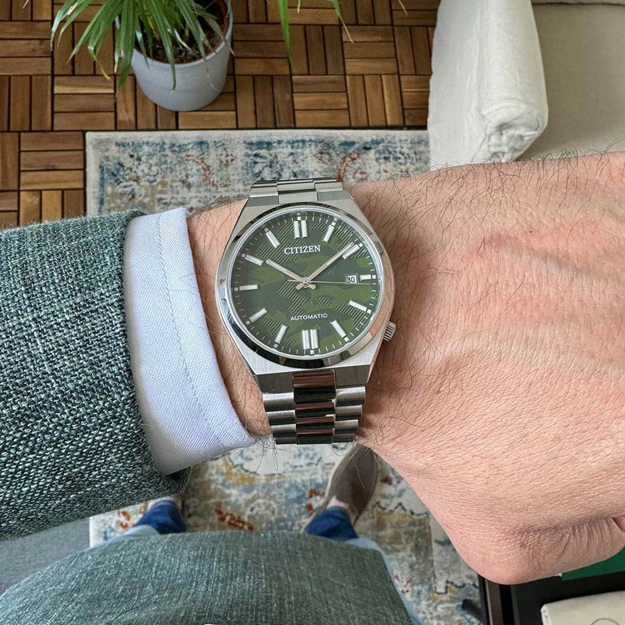 Citizen Tsuyosa Automatic Camouflage Green Dial Silver Steel Strap Watch For Men - NJ0159-86X